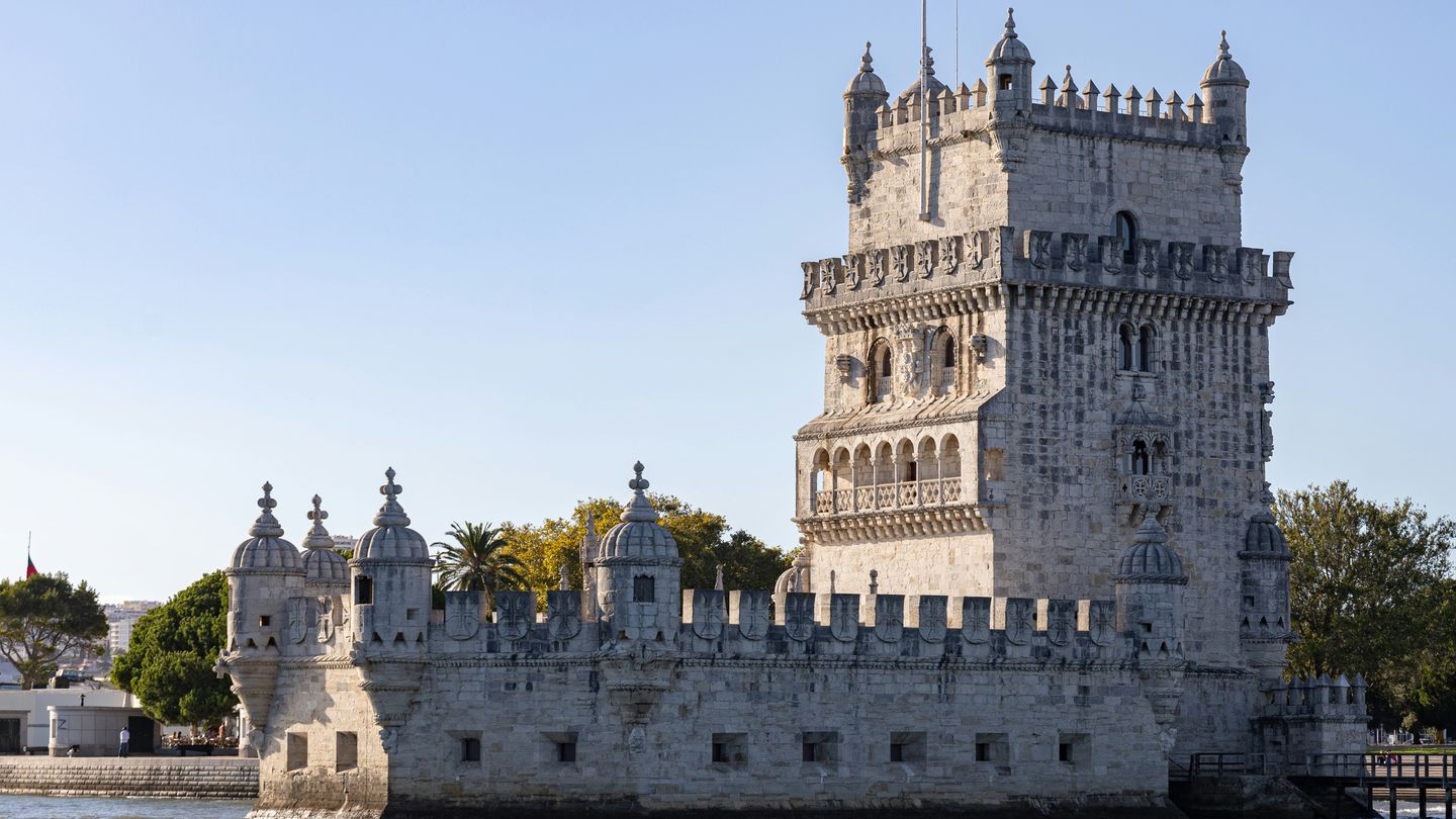 Belem Tower standing in the water on the north bank of the Tagus